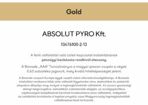 Bisnode arany tanúsítvány - Absolut Pyro Kft. AAA pénzügyileg stabil vállalkozás 2021