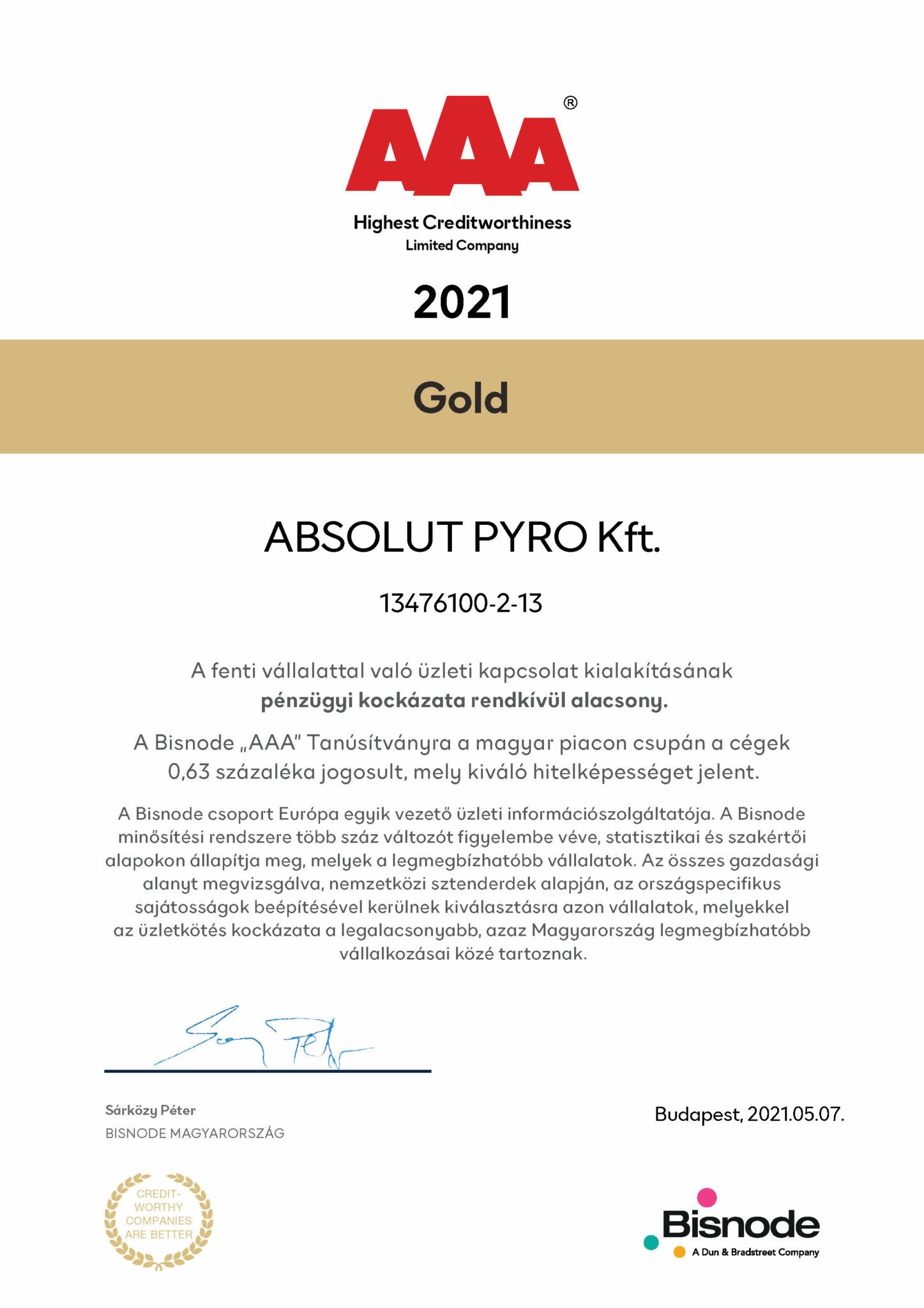 202105.10 ABSOLUT PYRO Kft.m Bisnode arany tanúsítvány - Absolut Pyro Kft. AAA pénzügyileg stabil vállalkozás 2021