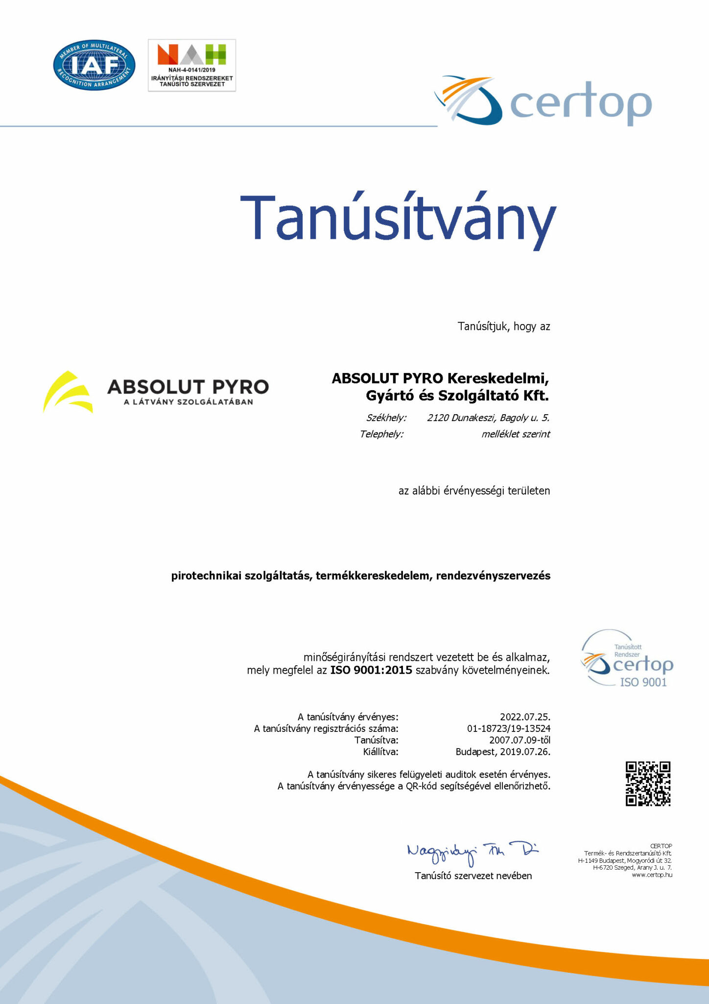 Tanúsítvány_ABSOLUT PYRO_MIR_magyar_2019 ISO 9001:2015 tanúsítvány - Absolut Pyro Kft. 2019